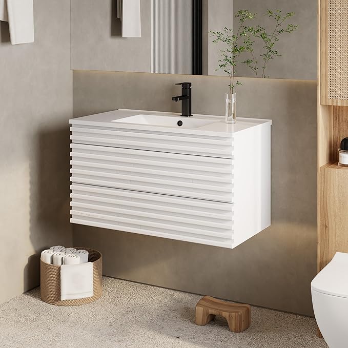 eclife 36" Floating Bathroom Vanity with Sink Combo Mid-Century Wall Mounted Cabinet with Wood Stripes Decor, Drawers, Undermount Single Sink, Faucet, Drain, Mixed White