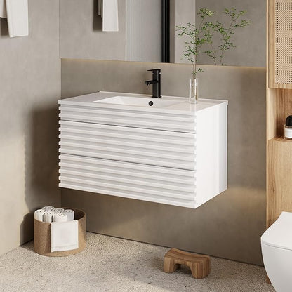 eclife 36" Floating Bathroom Vanity with Sink Combo Mid-Century Wall Mounted Cabinet with Wood Stripes Decor, Drawers, Undermount Single Sink, Faucet, Drain, Mixed White