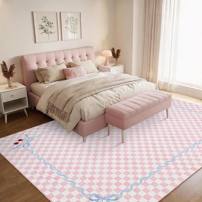 Garvee Washable 5x7 Area Rugs for Living Room Blush Pink Checkered Cherry | Coquette Aesthetic Non Slip Soft Bedroom Rugs Low Pile Stain Resistant Carpet for Daughter Playroom Nursery Girls Room Decor
