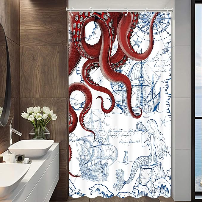 Fungarth Stall Red Nautical Octopus Shower Curtain Navy Blue Mermaid Funny Ocean Kraken Shower Curtains for Bathroom Cool Anchor Coastal Map Waterproof Fabric Bath Curtain Decor (Red, 36” x 72”)