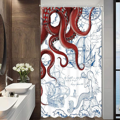 Fungarth Stall Red Nautical Octopus Shower Curtain Navy Blue Mermaid Funny Ocean Kraken Shower Curtains for Bathroom Cool Anchor Coastal Map Waterproof Fabric Bath Curtain Decor (Red, 36” x 72”)
