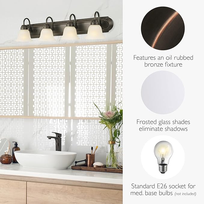 Allante 4-Light Vanity Light, Oil Rubbed Bronze Finish, Frosted Glass Shades, Dimmable, Bathroom Wall Fixture – Design House, 506626