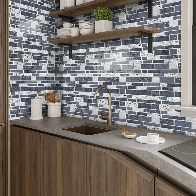 Alwayspon 10 Sheets 12" x12inch Grey Marble Terrazzo Effect Vinyl Tiles, Backsplash, Self-Adhesive Peel and Stick Wall Tile Stickers, Stick on Subway Tiles for Kitchen Bathroom Wall Decor