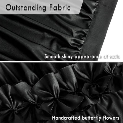 Black Ruffle Shower Curtain 72" W x 84" H | Vintage Handcrafted Bow Tie Bath Curtain for Master Bathroom, Ruched Satin Bathroom Curtain with 12 Buttonholes (LQ-10)
