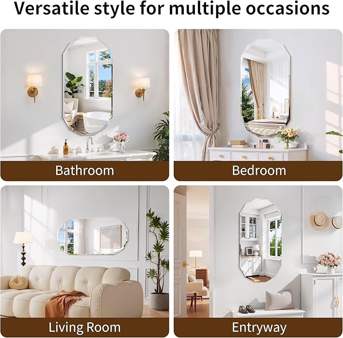 GLASHOM Frameless Bathroom Mirror, 20" x 40" Beveled Oval Wall Mirror for Over Sink, 16 Inch Modern Decorative Vanity Mirror for Bedroom, Living Room, Entryway, Hanging Mirror Horizontal or Vertical
