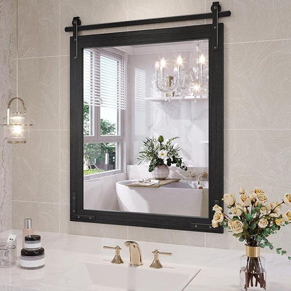 Farmhouse Bathroom Mirror, 24x30 Inch Black Vanity Mirror for Wall, Wood Framed Rustic Mirror Rectangular Wall Decor Mirrors for Entryway Living Room Bedroom