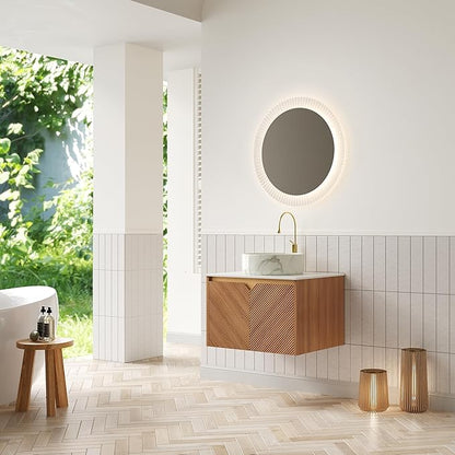 24 Inch Bathroom Vanity with Sink, Floating Fluted Vanity with Vessel Sink, Modern Wall Mounted Bathroom Vanity Cabinet with 2 Doors, White Marble Ceramic Sink & Sintered Stone Top, Oak