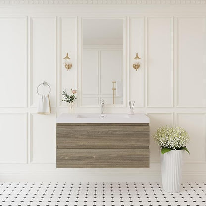 Floating Bathroom Vanity with Sink, 42" Wall-Mounted Bathroom Storage Vanity Cabinet with Resin Top Basin and Soft Close Drawers, No Assembly Required, Ash Grey
