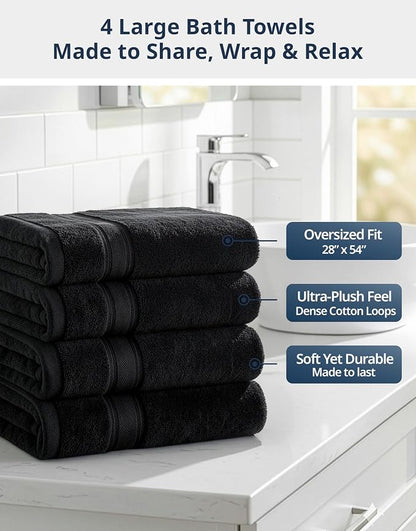LANE LINEN Bath Towel Set 100% Cotton 4 Piece Soft Absorbent - Black | Cotton Towels For Bathroom - Zero-Twist Cotton, Terry Weave Comfort, Long-Lasting Comfort, Hotel-Style Look