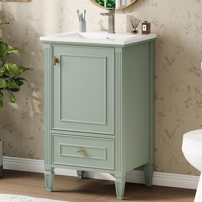 Merax 20 Inch Small Bathroom Vanity with Sink, Vanity Cabinet with Bottom Drawer and Door Rack Organizer, Adjustable Shelf, Green