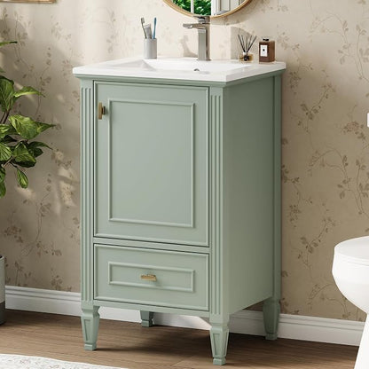Merax 20 Inch Small Bathroom Vanity with Sink, Vanity Cabinet with Bottom Drawer and Door Rack Organizer, Adjustable Shelf, Green