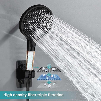 Rainfall Shower Head,12 Inch Rain High Pressure Shower Head with Spray Combo,14 Inch Adjustable Extension Arm and 3 Spray Filtered Shower Head with Filters,79 Inch Long Shower Hose,Matte Black