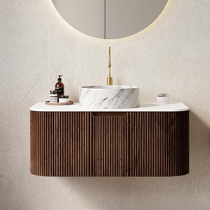 36'' Bathroom Vanities Cabinet with Sink Combo, Wall Mounted Floating Cabinet W/Curved Edges Stripes, Oak Plywood, Soft-close System with a Drawer, White Round Ceramic Basin - Kiel, Dark Walnut/S