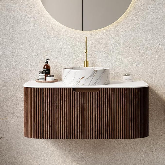 36'' Bathroom Vanities Cabinet with Sink Combo, Wall Mounted Floating Cabinet W/Curved Edges Stripes, Oak Plywood, Soft-close System with a Drawer, White Round Ceramic Basin - Kiel, Dark Walnut/S