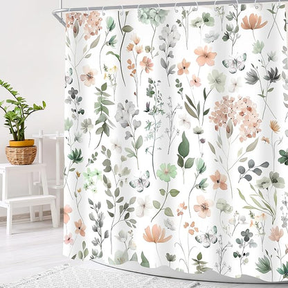 Sage Green Cute Floral Flower Wildflower Summer Bathroom Shower Curtain Set | 72Wx72H Spring Butterfly Plants, waterproof HD printed shower curtain, quick-dry fabric, free hooks for easy installation.