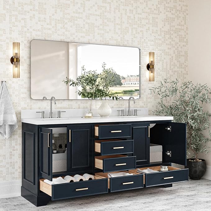 ARIEL Stafford 72-inch Bathroom Vanity with Sink,Solid Wood, 1.5-inch Pure White Quartz Countertop, Double Rectangular Porcelain Sink, 4 Soft Closing Doors, 6 Dovetail Drawers, Midnight Blue