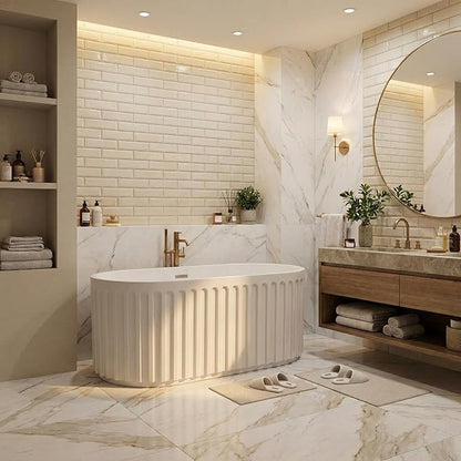 59" Freestanding Bathtub, Acrylic Soaking Tub with V Shape Pleated Design, Chrome Drain & Classic Slotted Overflow, CUPC Certified, Gloss White for Modern Bathroom