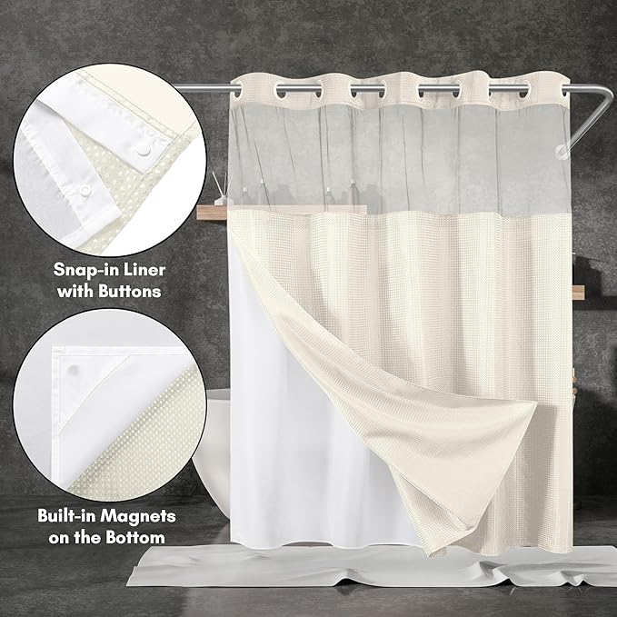 Americanflat 72x75 Hookless Waffle Pattern Shower Curtain - Water-Resistant Long Shower Curtain with Sheer Panel, Snap-in Liner, and Durable Grommets - 100% Polyester - Ivory