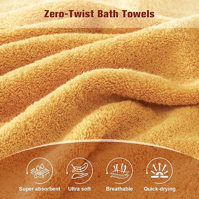 COZYART Bath Towel Set 6 PCS, Luxury Gold 100% Turkish Cotton 650GSM Soft | Absorbent Quick Dry, OEKO‑Tex 100 Cert. Zero Twist Ring Spun Cotton, Plush Fluffy, Breathable Hotel Quality Bathroom Towels