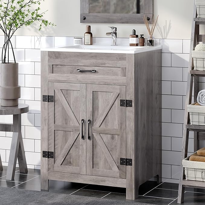 VINGLI 24" Farmhouse Bathroom Vanity with Sink, Undermount Vanity Sink Cabinet with Barn Door &Shelf,Free Standing Small Bathroom Storage Cabinet with Single Hole Ceramic Basin Combo Set,Washed Gray