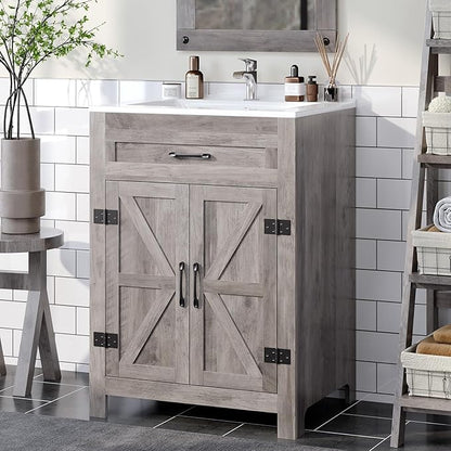 VINGLI 24" Farmhouse Bathroom Vanity with Sink, Undermount Vanity Sink Cabinet with Barn Door &Shelf,Free Standing Small Bathroom Storage Cabinet with Single Hole Ceramic Basin Combo Set,Washed Gray
