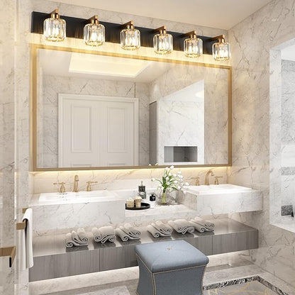 Aipsun Bathroom Light Fixtures Crystal Vanity Light Black and Gold 6 Lights Vanity Lighting Fixtures (Exclude Bulb)