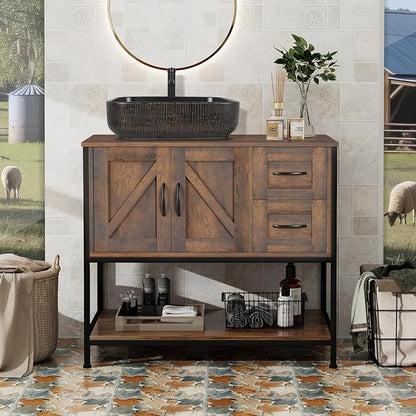 YOURLITE Bathroom Vanity, 36" Rustic Brown Bathroom Vanity with Sink Combo,Faucet,Pop up Drain Set,Farmhouse Modern Cabinet with Black Art Ceramic Vessel Sink