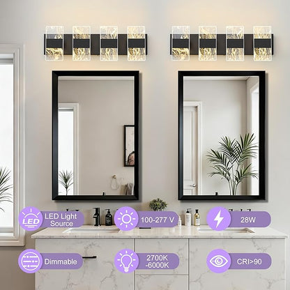 Modern LED Bathroom Light Fixtures Dimmable 4-Light Black Vanity Light, 5CCT Adjustable Lighting Fixture Vanity Lights Over Mirror, Smoked Acrylic LED Vanity Lights for Bathroom