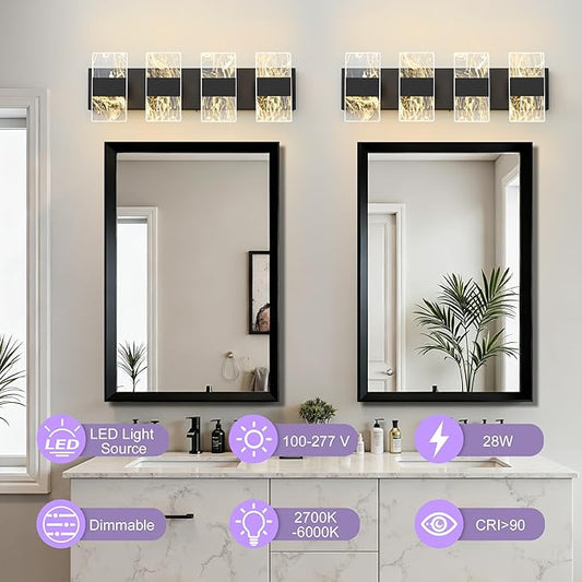 Modern LED Bathroom Light Fixtures Dimmable 4-Light Black Vanity Light, 5CCT Adjustable Lighting Fixture Vanity Lights Over Mirror, Smoked Acrylic LED Vanity Lights for Bathroom