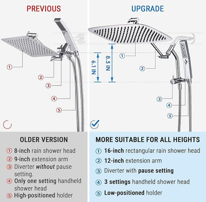 G-Promise 16 Inch All Metal Rain Shower Head with Handheld Spray (Chrome) | Suits Every Height, Pause Mode Diverter, Massage Mode Handheld, Full Body Coverage, Easy to Install, Modern Bath Upgrade