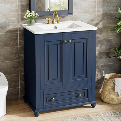 Tribesigns 24" Bathroom Vanity with Ceramic Sink Combo, Freestanding Bathroom Storage Vanity Cabinet with 2 Doors & 1 Drawer, Solid Wooden Frame & Coated Surface, Metal Handle, Navy Blue
