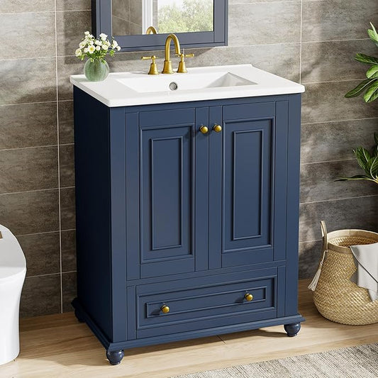 Tribesigns 24" Bathroom Vanity with Ceramic Sink Combo, Freestanding Bathroom Storage Vanity Cabinet with 2 Doors & 1 Drawer, Solid Wooden Frame & Coated Surface, Metal Handle, Navy Blue
