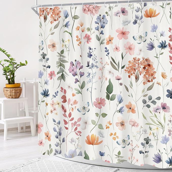 Boho Flower Colorful Wildflower Floral Women Bathroom Shower Curtain Set | 72"W x 72"H Girls Girly; waterproof HD print, quick-dry fabric and plastic hooks for easy setup.