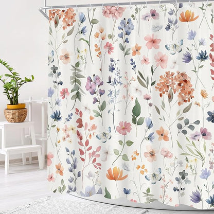 Boho Flower Colorful Wildflower Floral Women Bathroom Shower Curtain Set | 72"W x 72"H Girls Girly; waterproof HD print, quick-dry fabric and plastic hooks for easy setup.