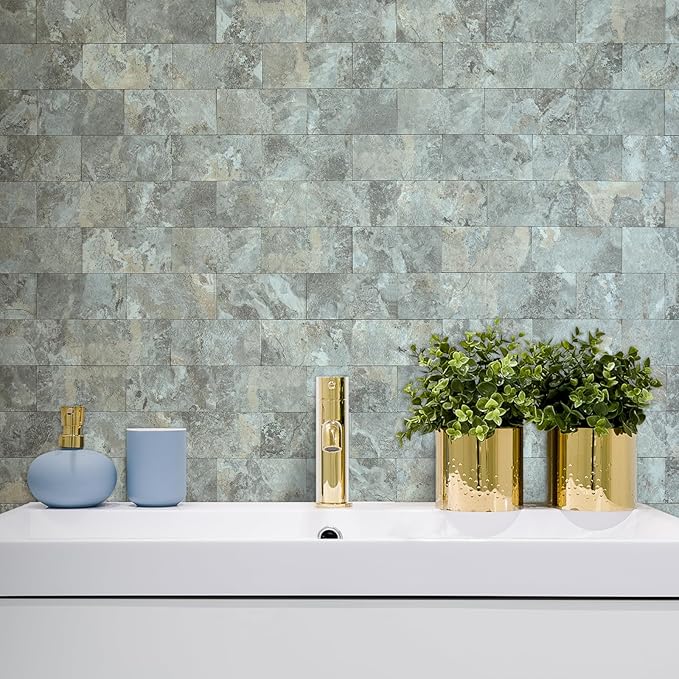 AULIGET 100-Piece Faux Stone Peel and Stick Backsplash Wall Tiles, 3" x 6" Grey & Brown Slate PVC Stick on Tile for Backsplash Kitchen, Bathroom, Laundry Room, Camper, Fireplace