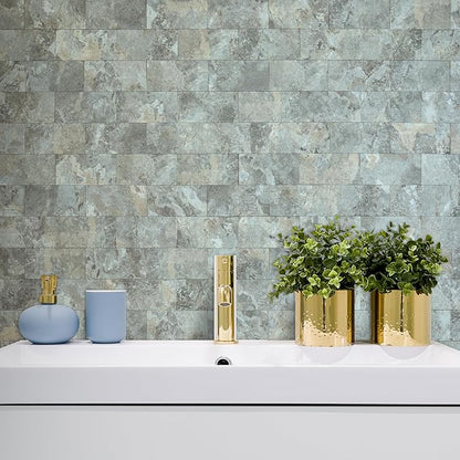 AULIGET 100-Piece Faux Stone Peel and Stick Backsplash Wall Tiles, 3" x 6" Grey & Brown Slate PVC Stick on Tile for Backsplash Kitchen, Bathroom, Laundry Room, Camper, Fireplace