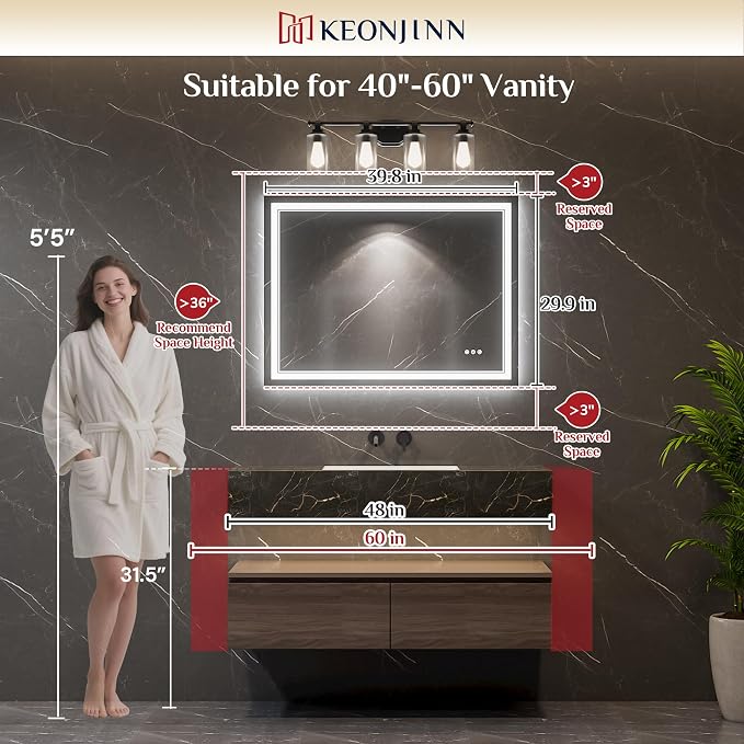 Keonjinn 40" x 30" LED Bathroom Mirror with Lights, Frontlit & Backlit | Bluetooth Speaker, Bluetooth Mirror Bathroom, HD Tempered Glass, 3000K/4500K/6000K, Dimmable, Fast & Safe Defogging, CRI90+
