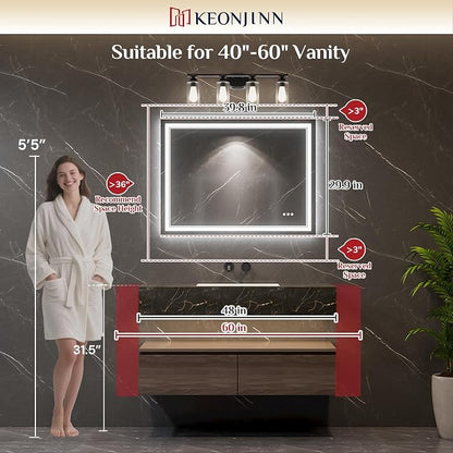 Keonjinn 40" x 30" LED Bathroom Mirror with Lights, Frontlit & Backlit | Bluetooth Speaker, Bluetooth Mirror Bathroom, HD Tempered Glass, 3000K/4500K/6000K, Dimmable, Fast & Safe Defogging, CRI90+
