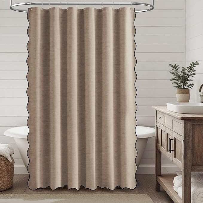 BTTN Extra Long Shower Curtain, 72x90 Boho Scalloped Linen Textured Heavy Duty Fabric Shower Curtain Set with 12 Hooks, Tall Rustic Farmhouse Country Waterproof Shower Curtains for Bathroom, Tan/Taupe