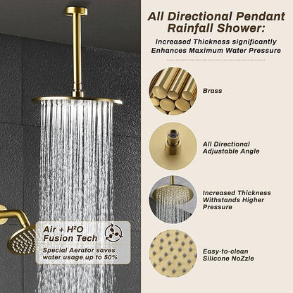 Rain Shower System, Push Button Diverter Shower Faucet Set with 2 in 1 Handheld Spray, Wall Mount Shower, Ceiling Mount Shower Head 3-Function Rainfall Shower System-Brushed Gold