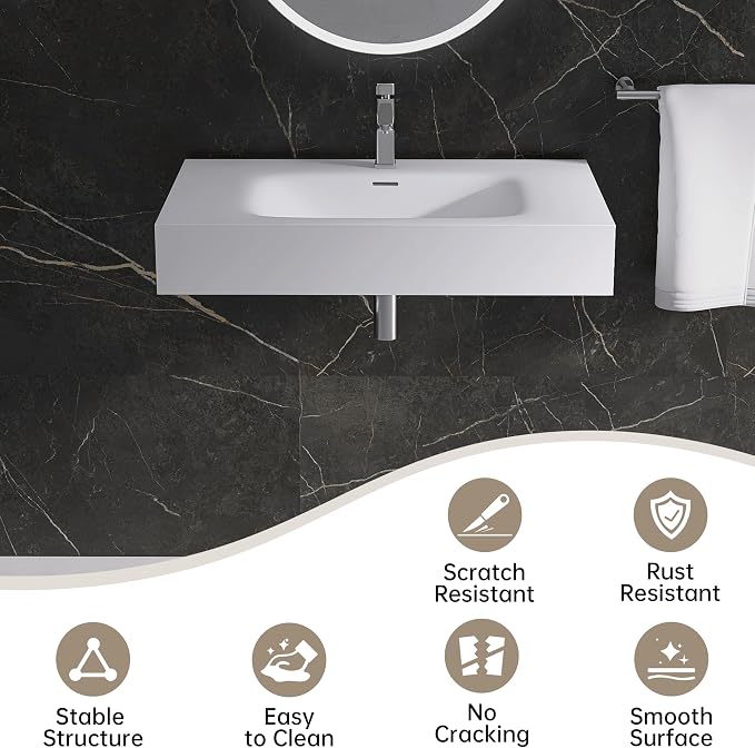Wall Mount Bathroom Sink 31.9"L x 18"W x 5"H, Resin Stone Floating Sink with Single Facuet Hole, Rectangle Countertop Freestanding Vessel Sinks