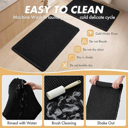 MIULEE Set of 2 Waffle Bathroom Rugs Boho Bath Mat Black 17x24 Inch | Non Slip, Super Absorbent, Washable, Ultra Soft, Rubber Backed, Small Bath Rugs for Bathroom Floor Tub Shower