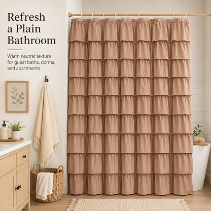 Ruffle Shower Curtain, Light Brown Farmhouse Design for Girl, Elegant Privacy & Cute, Boho Bathroom Decor, Decorative Bath Curtains, Vintage Beige, Modern Country Style, 36 x 72 inches