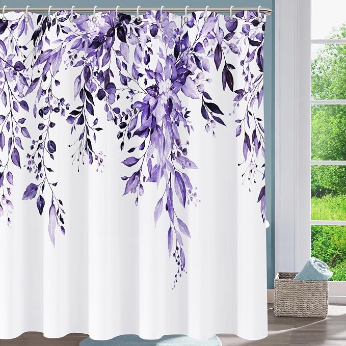 Shower Curtain,Purple Eucalyptus Shower Curtains for Bathroom,Watercolor Leaves Bathroom Curtains Washable Waterproof Leaf Shower Curtain Sets Botanical Shower Curtain Plants 72x72 with Hooks