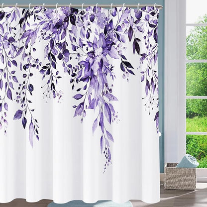 Shower Curtain,Purple Eucalyptus Shower Curtains for Bathroom,Watercolor Leaves Bathroom Curtains Washable Waterproof Leaf Shower Curtain Sets Botanical Shower Curtain Plants 72x72 with Hooks