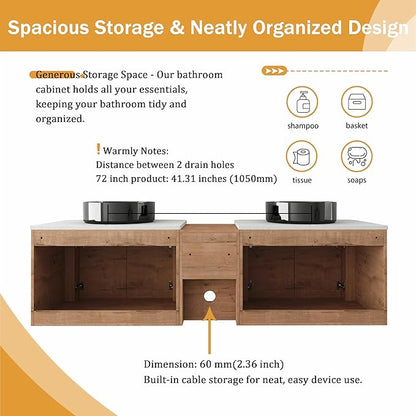 Malwee 72" Floating Bathroom Vanity with Sink, 72 Inch Wall Mounted Bathroom Cabinet Combo, Modern Double Sink Bath Storage Vanity Set, with 4 Soft Close Doors and Ceramic Vessel Basin Top(72-RR