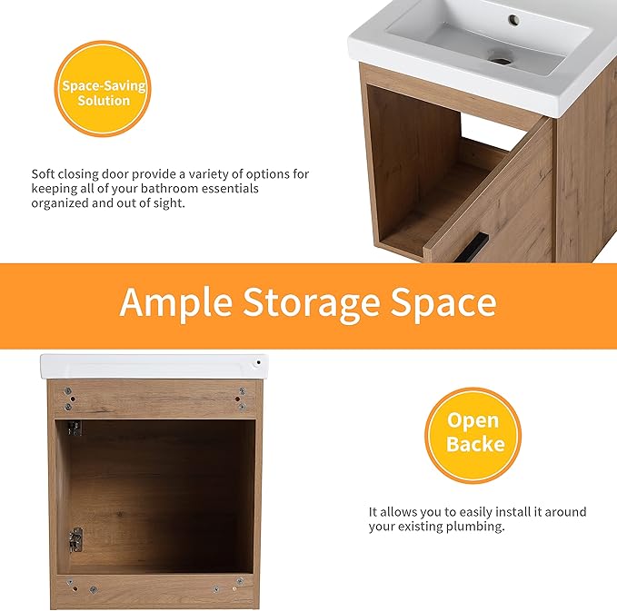 18 Inch Bathroom Vanity with Sink,Wall Mounted Bathroom Vanity Sink Combo with 1 Soft Close Door for Small Space,Modern Floating Bathroom Vanities with Top Basin&Brown Storage Cabinet