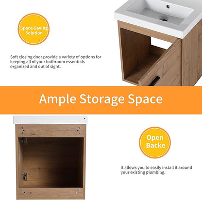 18 Inch Bathroom Vanity with Sink,Wall Mounted Bathroom Vanity Sink Combo with 1 Soft Close Door for Small Space,Modern Floating Bathroom Vanities with Top Basin&Brown Storage Cabinet