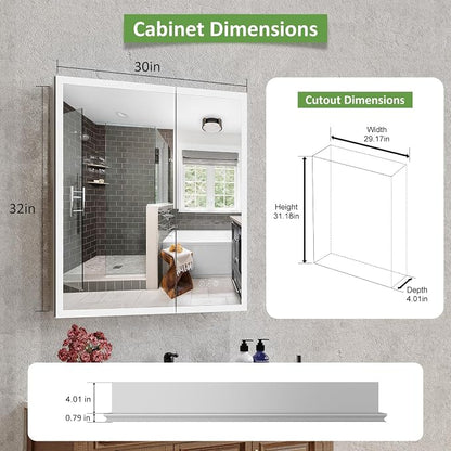 Medicine Cabinet with Lights, Bathroom LED Mirror Cabinet with Storage, Anti-Fog & 3 Color Lights, Recessed or Wall Mounted (30X32 in)