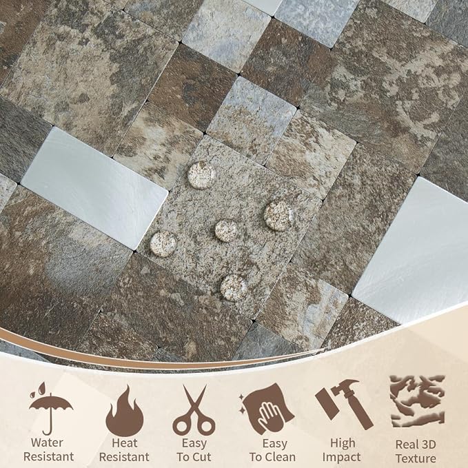 DICOFUN 12" x 12" Square Mosaic Peel and Stick Tile Backsplash, Mixed Metal Silver Stick on Wall Kitchen and Bathroom Tiles, Stick on Backsplash for Stove (10, Beige & Brown Slate)